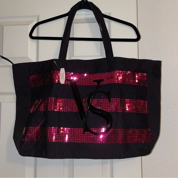 🖤🩷VS🩷🖤 Victoria Secret Hot Pink Sequins tote - Picture 1 of 9
